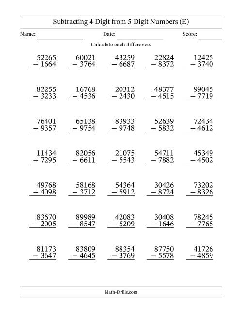 The Subtracting 4-Digit from 5-Digit Numbers With Some Regrouping (35 Questions) (E) Math Worksheet