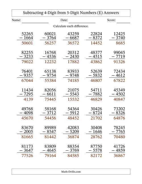 The Subtracting 4-Digit from 5-Digit Numbers With Some Regrouping (35 Questions) (E) Math Worksheet Page 2