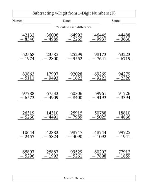The Subtracting 4-Digit from 5-Digit Numbers With Some Regrouping (35 Questions) (F) Math Worksheet