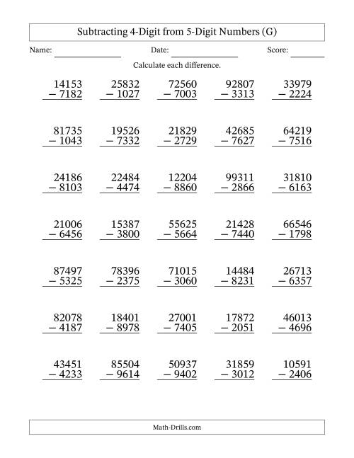 The Subtracting 4-Digit from 5-Digit Numbers With Some Regrouping (35 Questions) (G) Math Worksheet