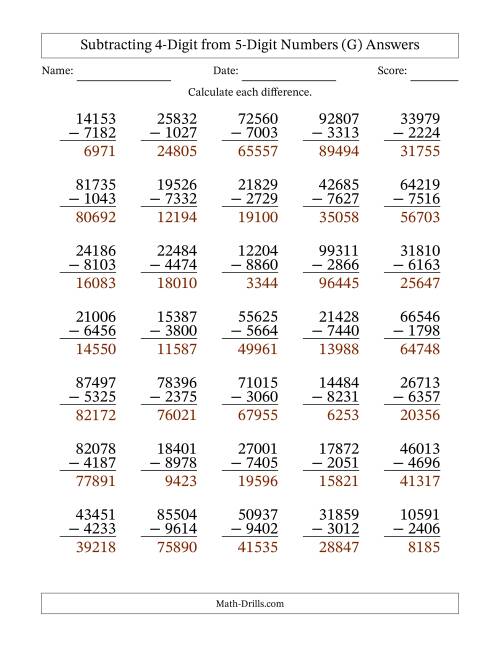 The Subtracting 4-Digit from 5-Digit Numbers With Some Regrouping (35 Questions) (G) Math Worksheet Page 2