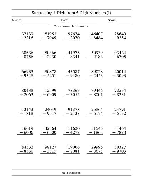 The Subtracting 4-Digit from 5-Digit Numbers With Some Regrouping (35 Questions) (I) Math Worksheet