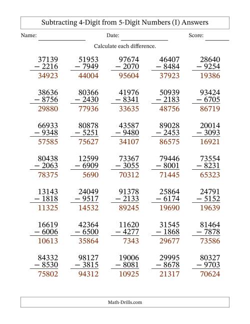 The Subtracting 4-Digit from 5-Digit Numbers With Some Regrouping (35 Questions) (I) Math Worksheet Page 2