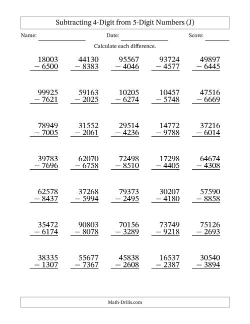 The Subtracting 4-Digit from 5-Digit Numbers With Some Regrouping (35 Questions) (J) Math Worksheet