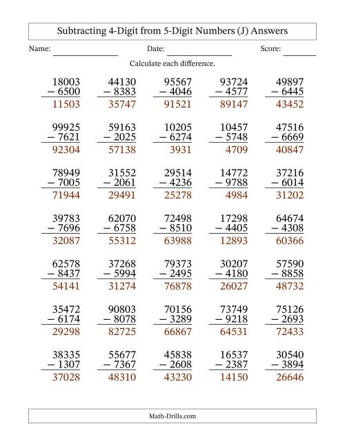 The Subtracting 4-Digit from 5-Digit Numbers With Some Regrouping (35 Questions) (J) Math Worksheet Page 2