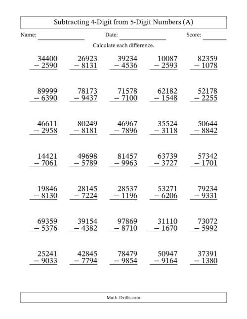 The Subtracting 4-Digit from 5-Digit Numbers With Some Regrouping (35 Questions) (All) Math Worksheet