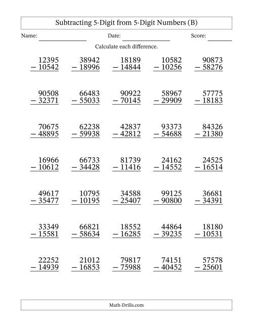The Subtracting 5-Digit from 5-Digit Numbers With Some Regrouping (35 Questions) (B) Math Worksheet