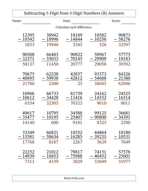 The Subtracting 5-Digit from 5-Digit Numbers With Some Regrouping (35 Questions) (B) Math Worksheet Page 2