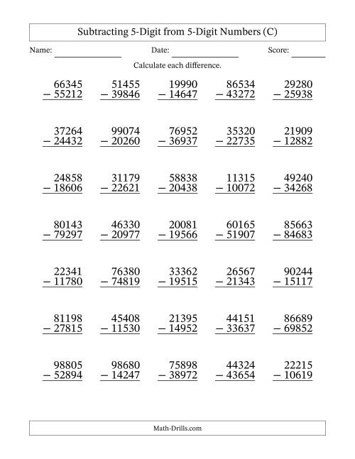 The Subtracting 5-Digit from 5-Digit Numbers With Some Regrouping (35 Questions) (C) Math Worksheet