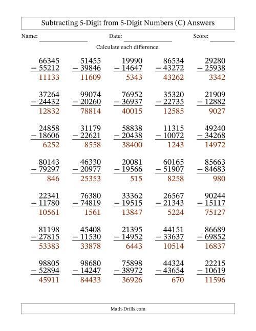 The Subtracting 5-Digit from 5-Digit Numbers With Some Regrouping (35 Questions) (C) Math Worksheet Page 2