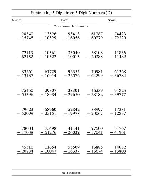 The Subtracting 5-Digit from 5-Digit Numbers With Some Regrouping (35 Questions) (D) Math Worksheet