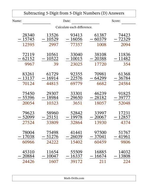 The Subtracting 5-Digit from 5-Digit Numbers With Some Regrouping (35 Questions) (D) Math Worksheet Page 2