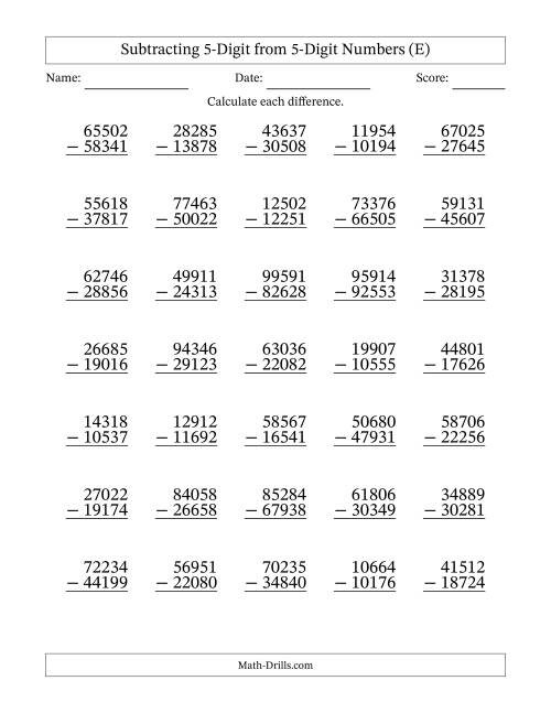 The Subtracting 5-Digit from 5-Digit Numbers With Some Regrouping (35 Questions) (E) Math Worksheet