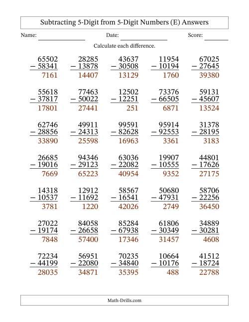 The Subtracting 5-Digit from 5-Digit Numbers With Some Regrouping (35 Questions) (E) Math Worksheet Page 2