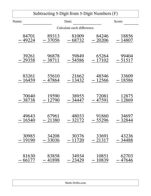 The Subtracting 5-Digit from 5-Digit Numbers With Some Regrouping (35 Questions) (F) Math Worksheet