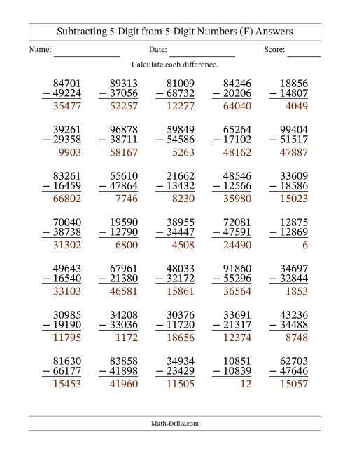 The Subtracting 5-Digit from 5-Digit Numbers With Some Regrouping (35 Questions) (F) Math Worksheet Page 2