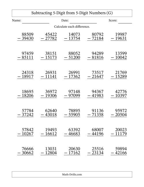 The Subtracting 5-Digit from 5-Digit Numbers With Some Regrouping (35 Questions) (G) Math Worksheet