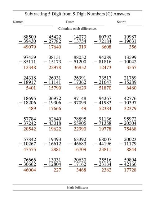 The Subtracting 5-Digit from 5-Digit Numbers With Some Regrouping (35 Questions) (G) Math Worksheet Page 2