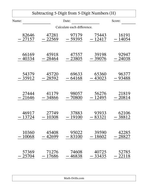The Subtracting 5-Digit from 5-Digit Numbers With Some Regrouping (35 Questions) (H) Math Worksheet