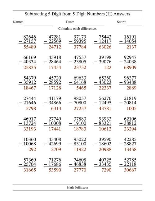 The Subtracting 5-Digit from 5-Digit Numbers With Some Regrouping (35 Questions) (H) Math Worksheet Page 2
