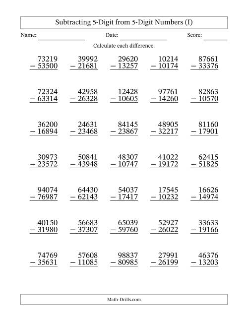 The Subtracting 5-Digit from 5-Digit Numbers With Some Regrouping (35 Questions) (I) Math Worksheet