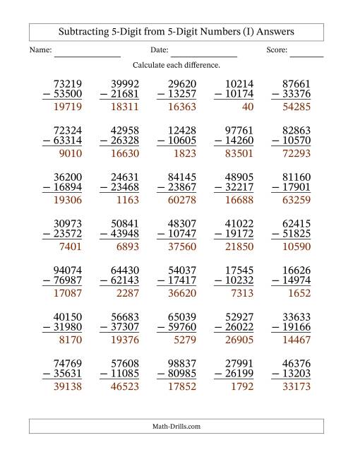 The Subtracting 5-Digit from 5-Digit Numbers With Some Regrouping (35 Questions) (I) Math Worksheet Page 2