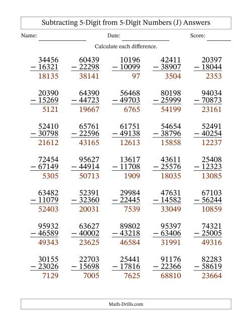 The Subtracting 5-Digit from 5-Digit Numbers With Some Regrouping (35 Questions) (J) Math Worksheet Page 2