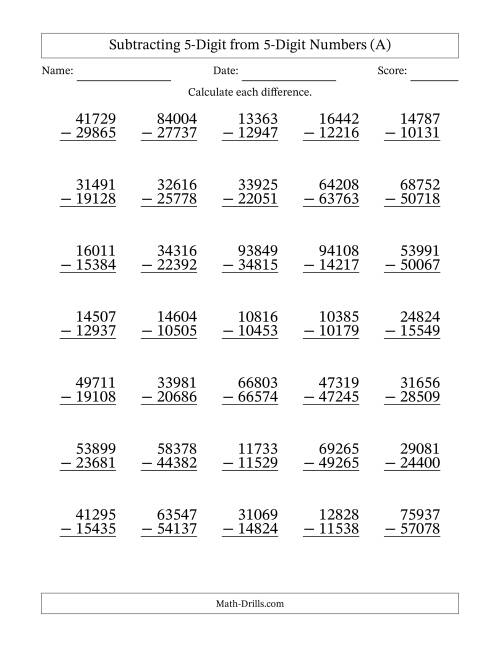 The Subtracting 5-Digit from 5-Digit Numbers With Some Regrouping (35 Questions) (All) Math Worksheet