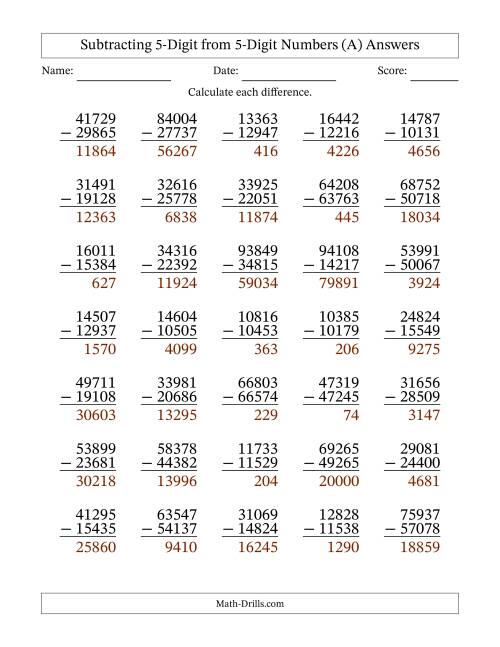 The Subtracting 5-Digit from 5-Digit Numbers With Some Regrouping (35 Questions) (All) Math Worksheet Page 2