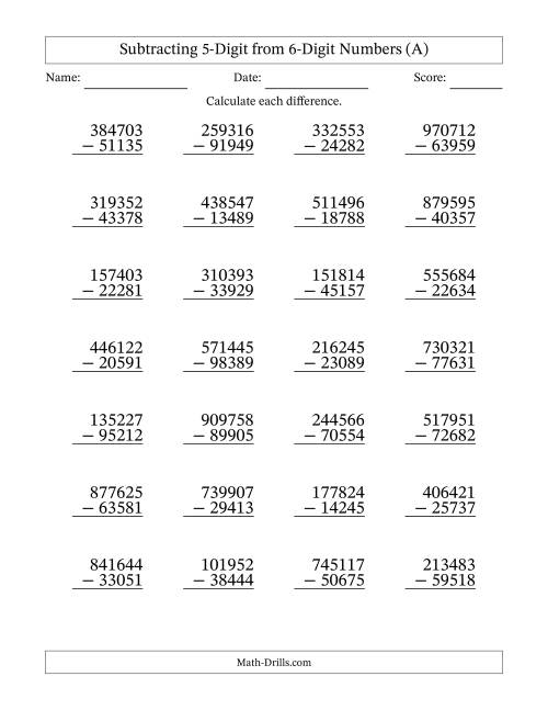 The Subtracting 5-Digit from 6-Digit Numbers With Some Regrouping (28 Questions) (A) Math Worksheet