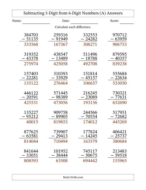 The Subtracting 5-Digit from 6-Digit Numbers With Some Regrouping (28 Questions) (A) Math Worksheet Page 2