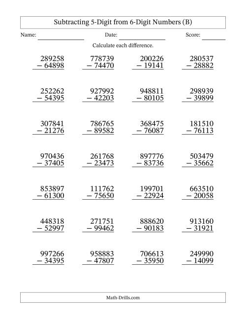 The 6-Digit Minus 5-Digit Subtraction (B) Math Worksheet