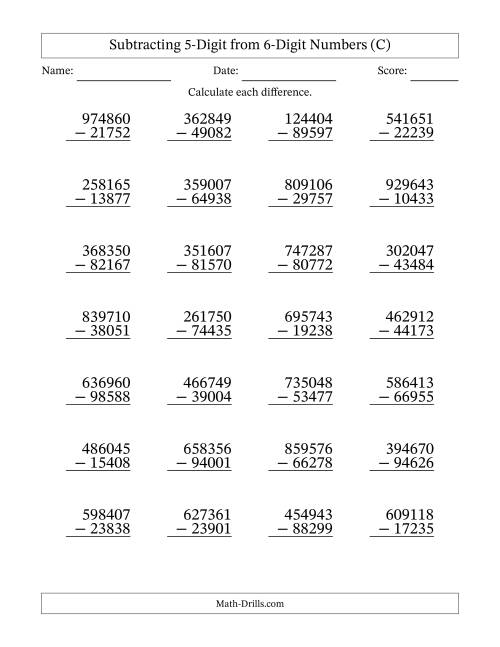 The 6-Digit Minus 5-Digit Subtraction (C) Math Worksheet