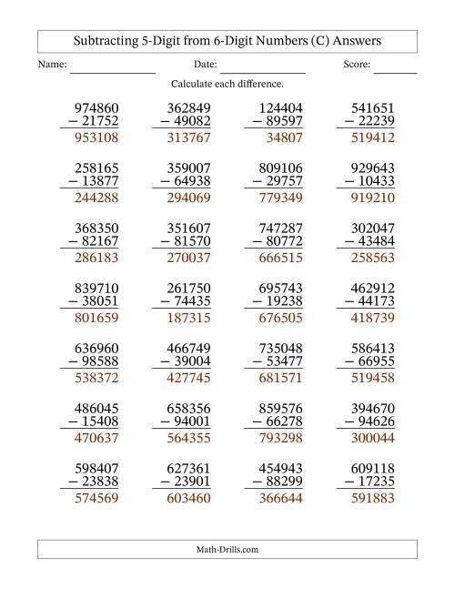 The Subtracting 5-Digit from 6-Digit Numbers With Some Regrouping (28 Questions) (C) Math Worksheet Page 2