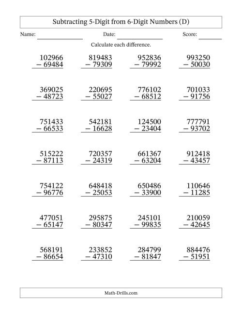 The 6-Digit Minus 5-Digit Subtraction (D) Math Worksheet