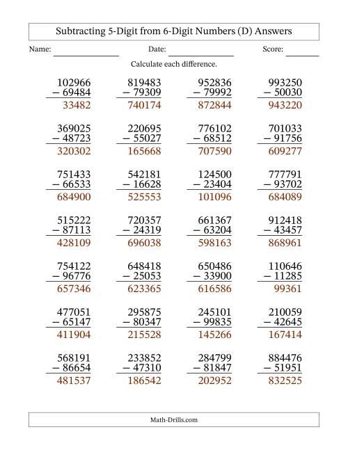 The 6-Digit Minus 5-Digit Subtraction (D) Math Worksheet Page 2