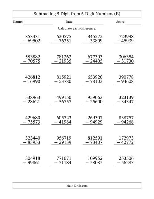 The Subtracting 5-Digit from 6-Digit Numbers With Some Regrouping (28 Questions) (E) Math Worksheet