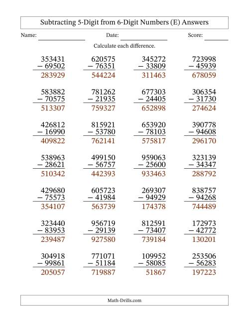 The Subtracting 5-Digit from 6-Digit Numbers With Some Regrouping (28 Questions) (E) Math Worksheet Page 2