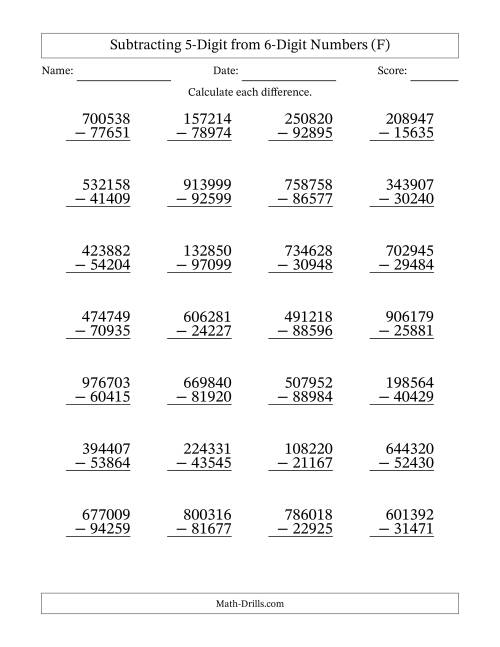 The 6-Digit Minus 5-Digit Subtraction (F) Math Worksheet