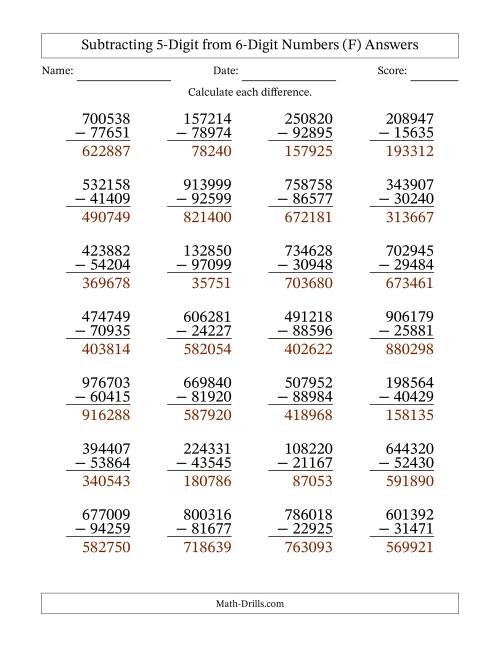 The 6-Digit Minus 5-Digit Subtraction (F) Math Worksheet Page 2