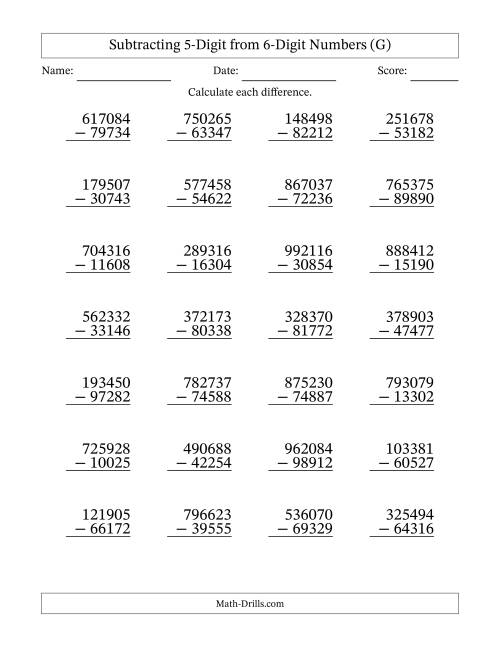 The Subtracting 5-Digit from 6-Digit Numbers With Some Regrouping (28 Questions) (G) Math Worksheet