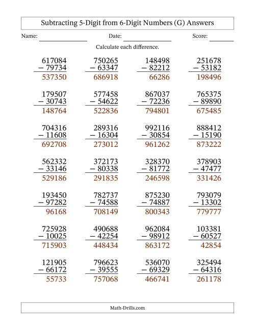 The Subtracting 5-Digit from 6-Digit Numbers With Some Regrouping (28 Questions) (G) Math Worksheet Page 2