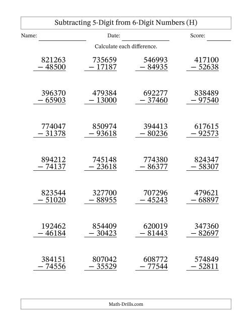 The 6-Digit Minus 5-Digit Subtraction (H) Math Worksheet