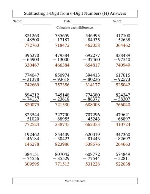 The Subtracting 5-Digit from 6-Digit Numbers With Some Regrouping (28 Questions) (H) Math Worksheet Page 2