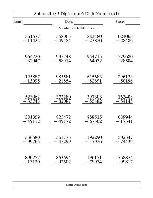 The 6-Digit Minus 5-Digit Subtraction (I) Math Worksheet