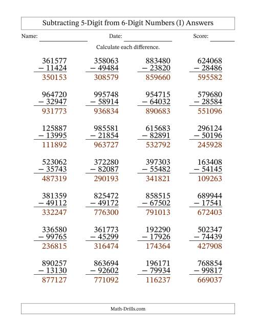 The 6-Digit Minus 5-Digit Subtraction (I) Math Worksheet Page 2