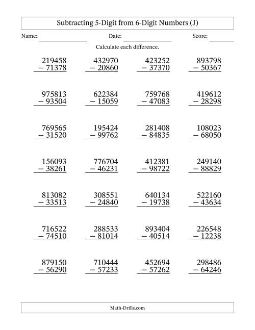 The Subtracting 5-Digit from 6-Digit Numbers With Some Regrouping (28 Questions) (J) Math Worksheet