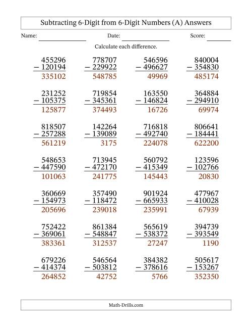 The 6-Digit Minus 6-Digit Subtraction (A) Math Worksheet Page 2