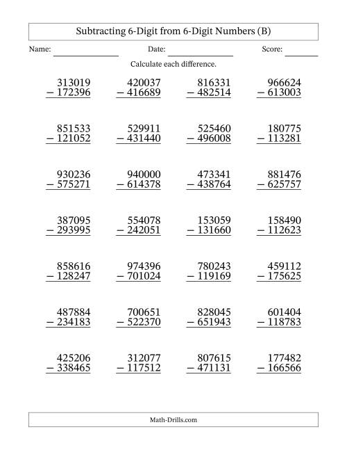 The Subtracting 6-Digit from 6-Digit Numbers With Some Regrouping (28 Questions) (B) Math Worksheet