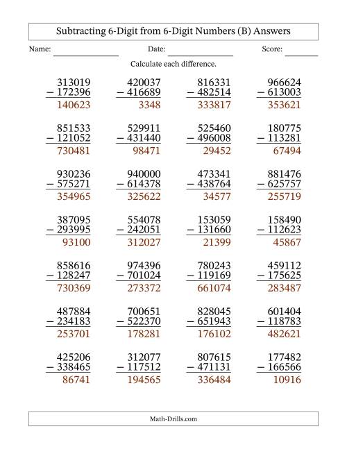 The Subtracting 6-Digit from 6-Digit Numbers With Some Regrouping (28 Questions) (B) Math Worksheet Page 2